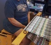 Tina Miller weaving “Recycled bag” and using Plarn - recycled plastic bags